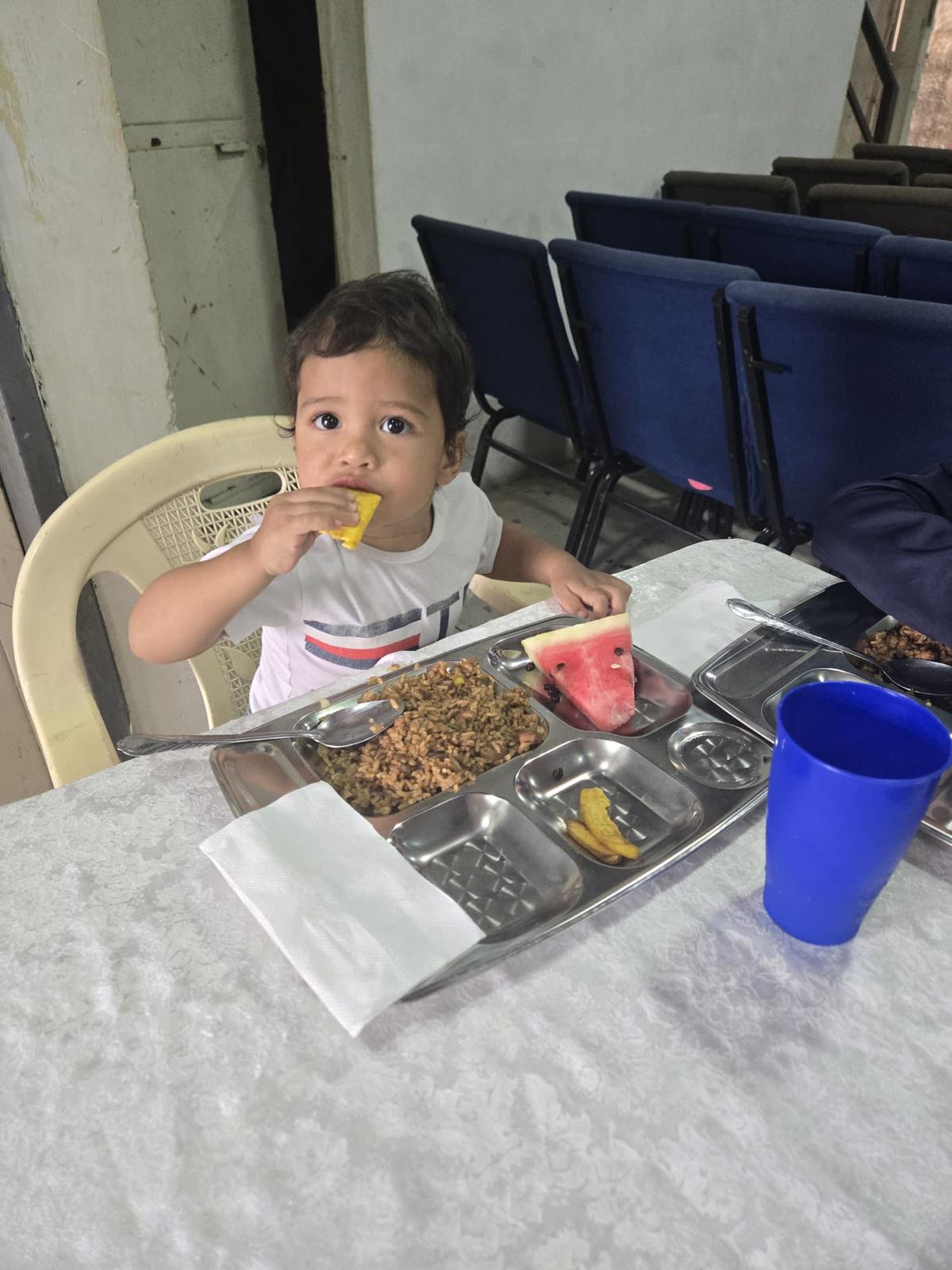 Niño pequeño almuerza un plato balanceado en una jornada de alimentación.